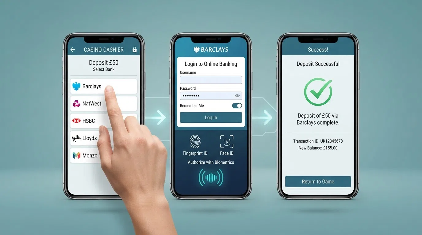 A simplified three-step diagram showing a player selecting their bank from a casino cashier menu, authenticating via a mobile banking app, and a confirmation screen with the deposited amount