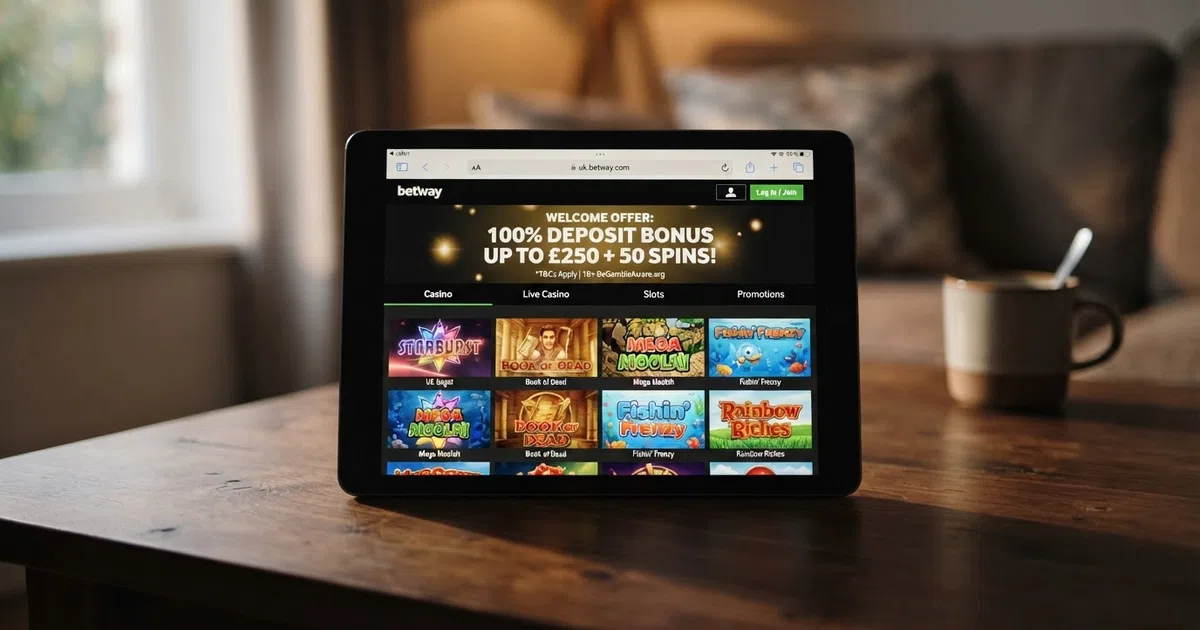 An iPad in landscape orientation displaying a UK-licensed online casino lobby with slot thumbnails, a welcome-offer banner, and the Safari address bar visible