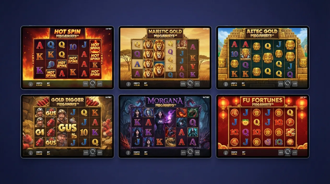 A collage of six iSoftBet Megaways slot title screens — Hot Spin Megaways, Majestic Gold Megaways, Aztec Gold Megaways, Gold Digger Megaways, Morgana Megaways and Fu Fortunes Megaways — showing their reel layouts and branding