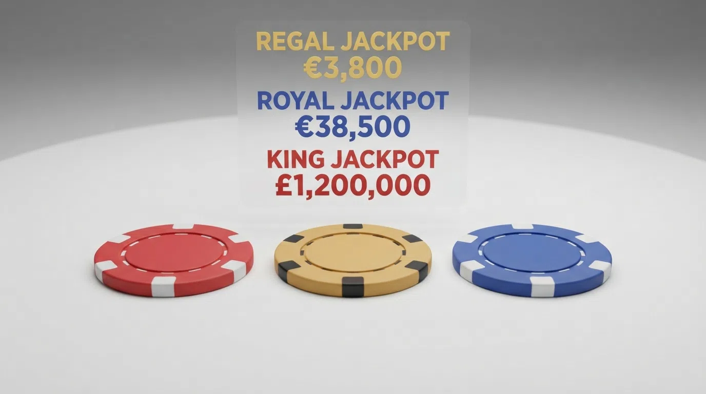 A screenshot of a Jackpot King progressive slot showing the three-tier jackpot display — Regal, Royal and Jackpot King — above the reels