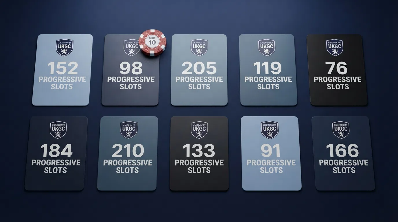 a grid of ten casino cards, each showing a licence badge and a spin count
