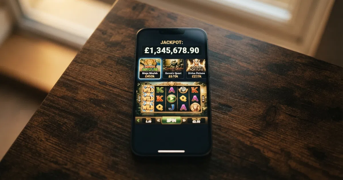 A smartphone screen displaying a row of progressive jackpot slot game thumbnails with a jackpot total counter visible above them