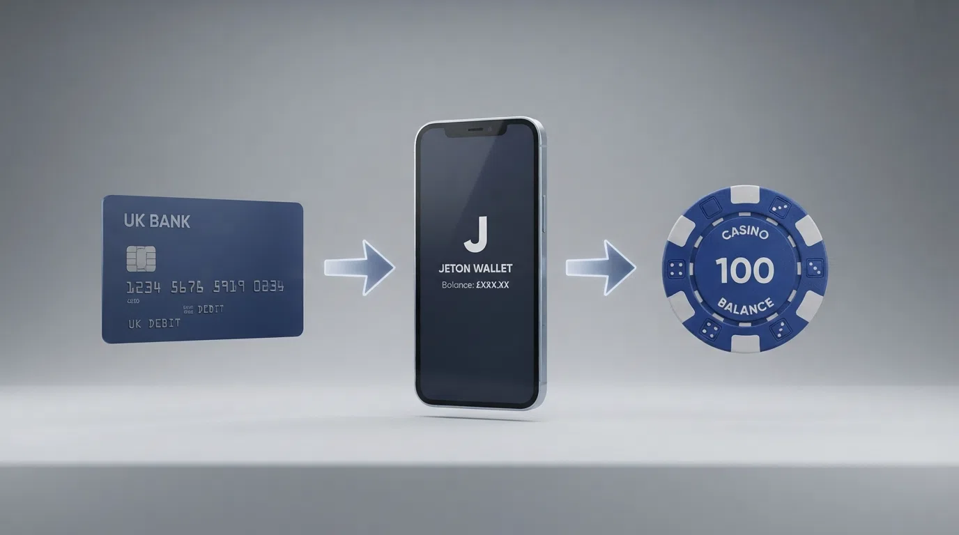 A simplified flow diagram: bank account to Jeton wallet (free transfer) to casino balance (instant), with UKGC checkpoints (deposit-limit prompt, credit-card block) called out at the casino side