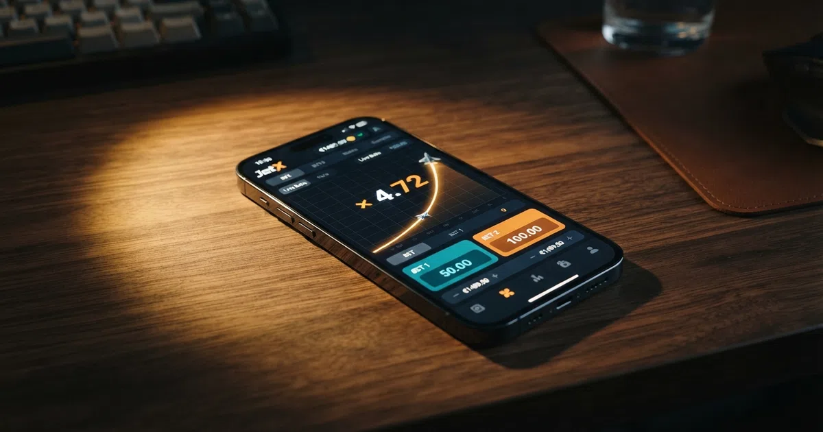 A smartphone screen displaying the JetX crash-game interface with a rising multiplier curve and dual-bet panels visible against a dark gaming background