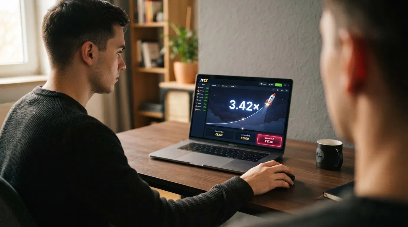 The JetX gameplay screen mid-round, showing the multiplier at 3.42× with both bet panels active and the cashout button highlighted