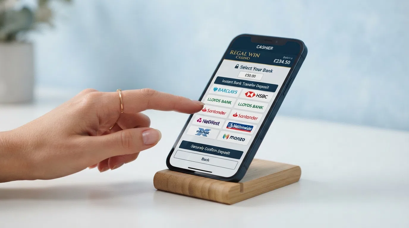 A step-by-step visual of the Klarna Pay Now deposit flow on a casino cashier page, showing the bank-selection screen and confirmation message.
