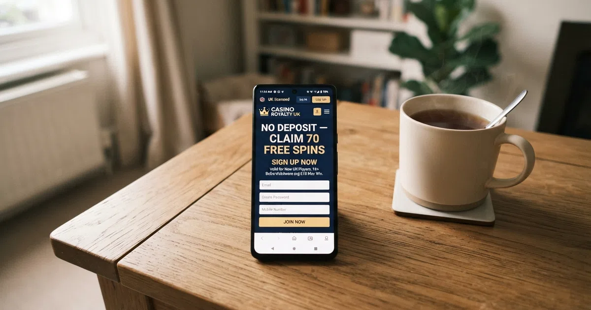 A smartphone screen displaying a UK-licensed online casino registration page with a “No Deposit — Claim 70 Free Spins” promotional banner visible, set against a clean desk background with a cup of tea