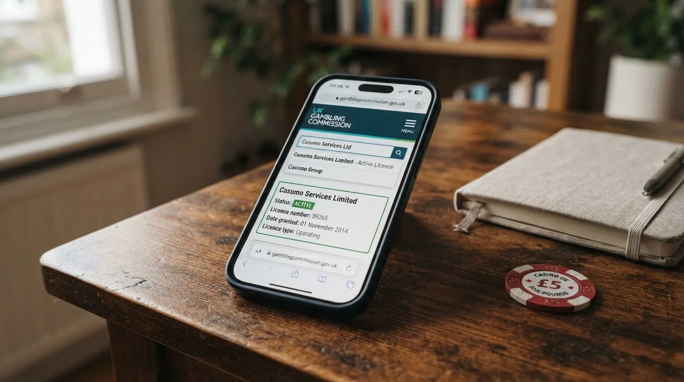 A close-up of a smartphone screen displaying the UKGC public register search bar, with an operator name typed in and the licence-status result visible.