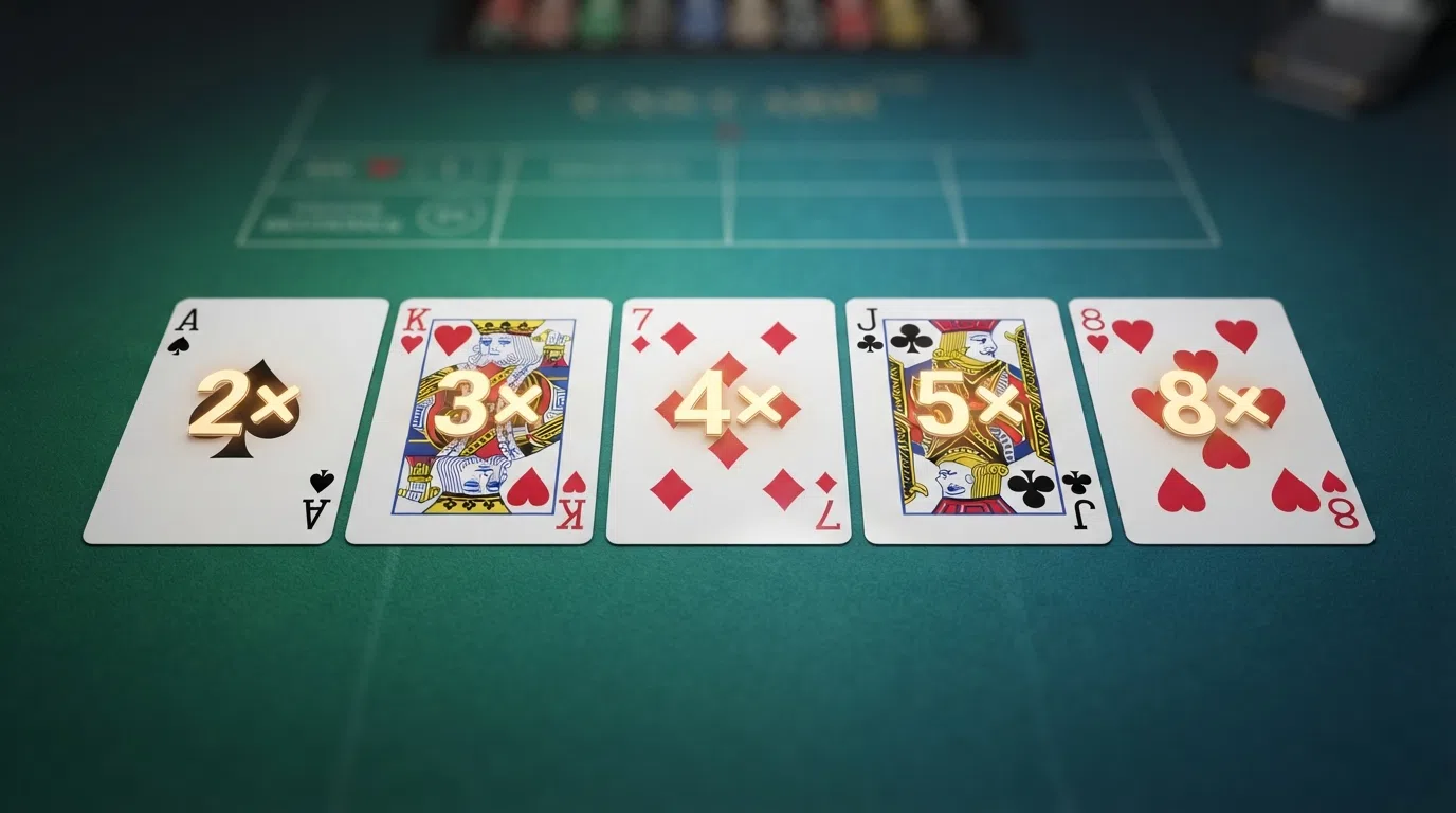 Five playing cards laid out on a digital baccarat table with random multiplier values of 2×, 3×, 4×, 5× and 8× overlaid on selected cards