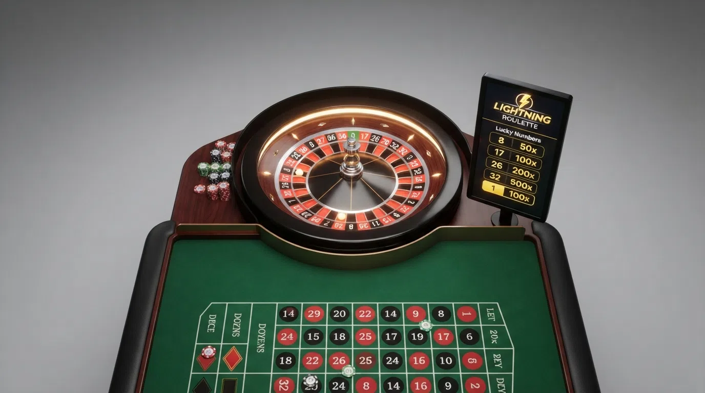 A Lightning Roulette table showing the Lucky Number overlay with visible multipliers on the screen, the European single-zero wheel in frame