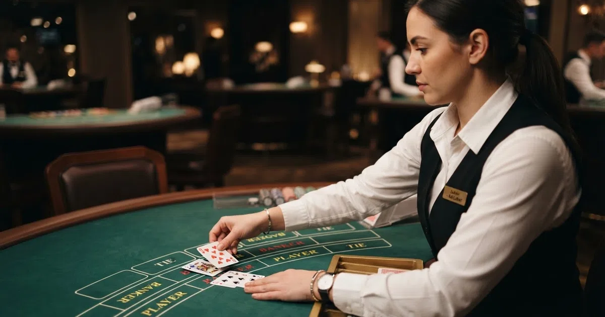 A live dealer at a baccarat table in a professional casino studio, dealing cards from a multi-deck shoe with the table felt and betting positions visible
