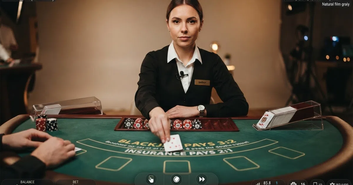 A live blackjack dealer behind a felt table in a studio, dealing cards from an eight-deck shoe toward the camera, with the betting UI overlay visible at the bottom of the frame