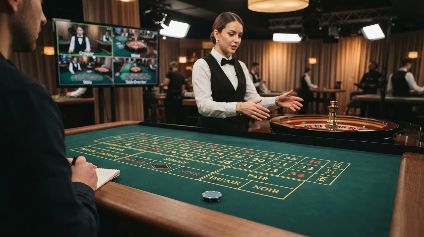 A professional live casino studio with a croupier behind a European roulette table, multiple camera angles visible on a monitor