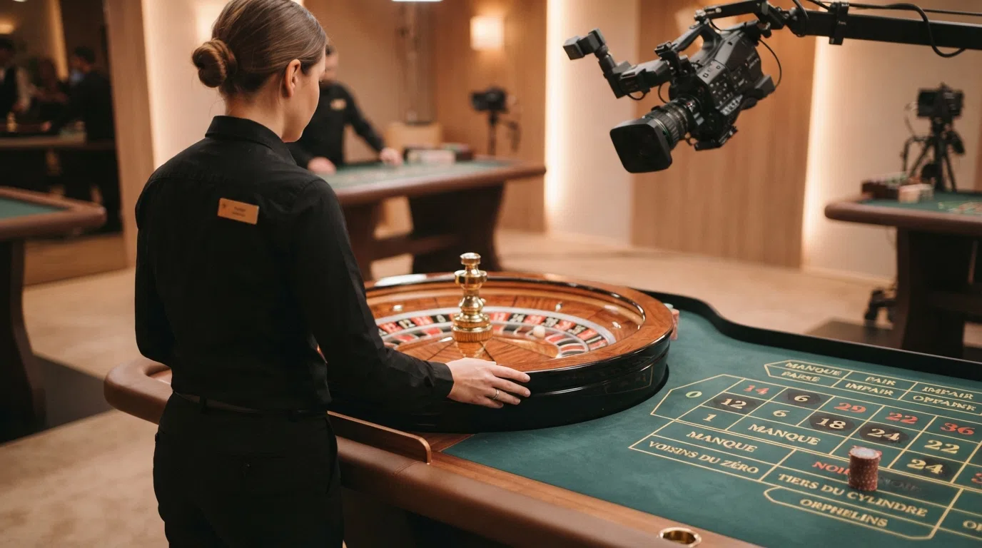 A live dealer sitting at a French roulette table in a studio, the wheel mid-spin, with the HD stream interface showing betting options and game history