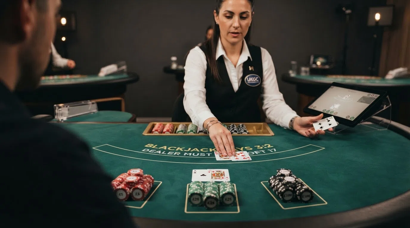A live blackjack table with a dealer mid-deal and betting positions showing visible chip stacks on screen
