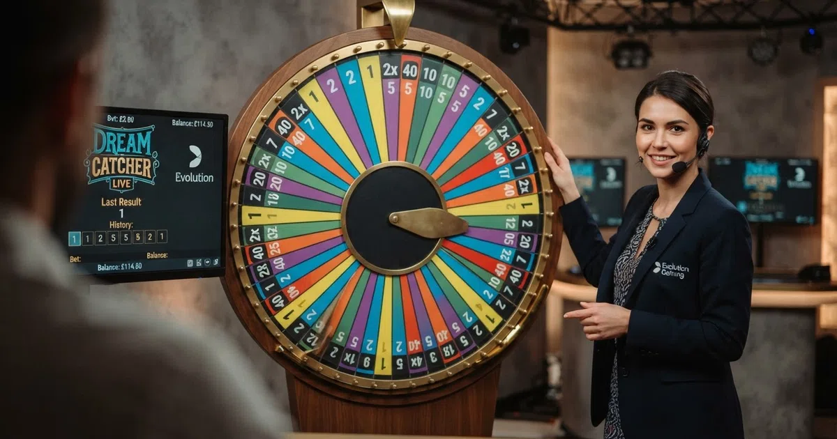 A live Dream Catcher studio with the vertical money wheel centre-frame, a host standing beside it, and the betting interface overlaid on screen