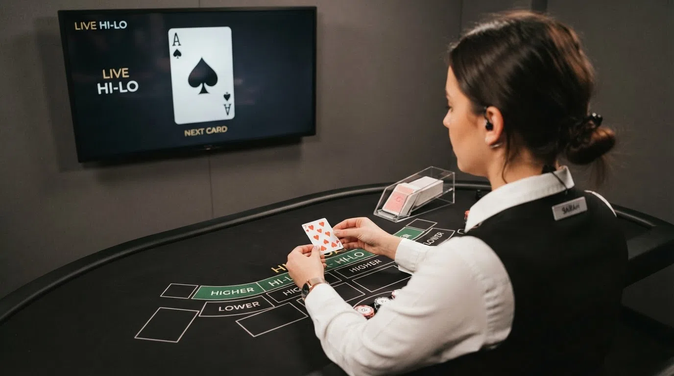 A live-dealer studio setup with a human dealer at a Hi-Lo table, a large screen showing a playing card, and a betting layout
