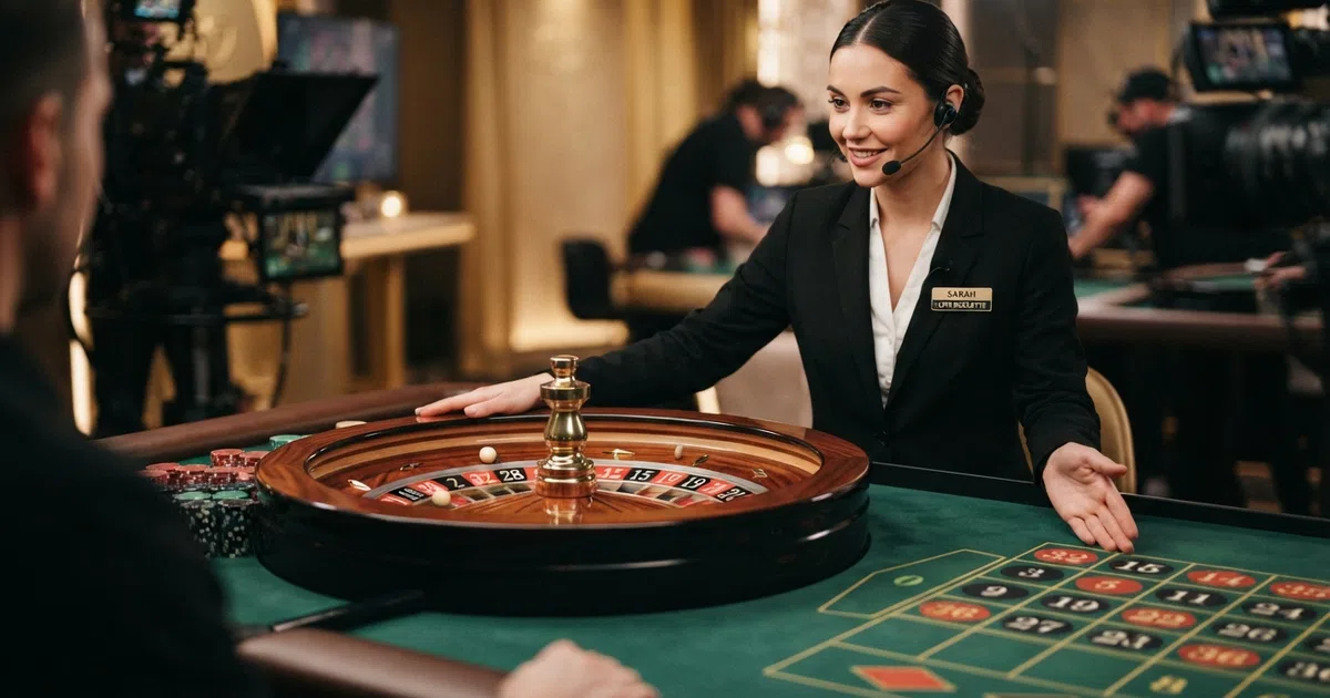 A live roulette table with an English-speaking croupier mid-spin, the wheel in motion, betting layout visible, studio lighting and multiple camera angles suggested by the screen composition