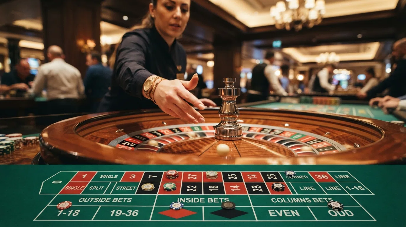 Close-up of a live roulette wheel mid-spin with the betting grid overlaid on screen and the dealer's hand releasing the ball