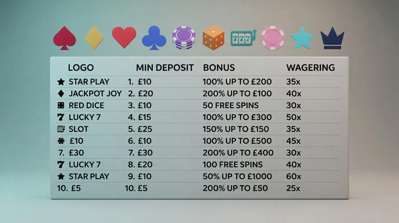 A grid of logos for ten UK-licensed online casinos arranged above a comparison table with minimum deposit and bonus columns