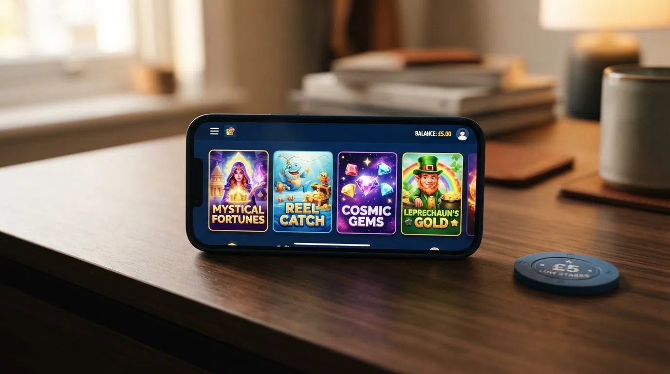A row of four online slot title cards — Book of Dead, Big Bass Splash, Starburst and Rainbow Riches — arranged on a smartphone screen with a £5.00 balance visible in the corner