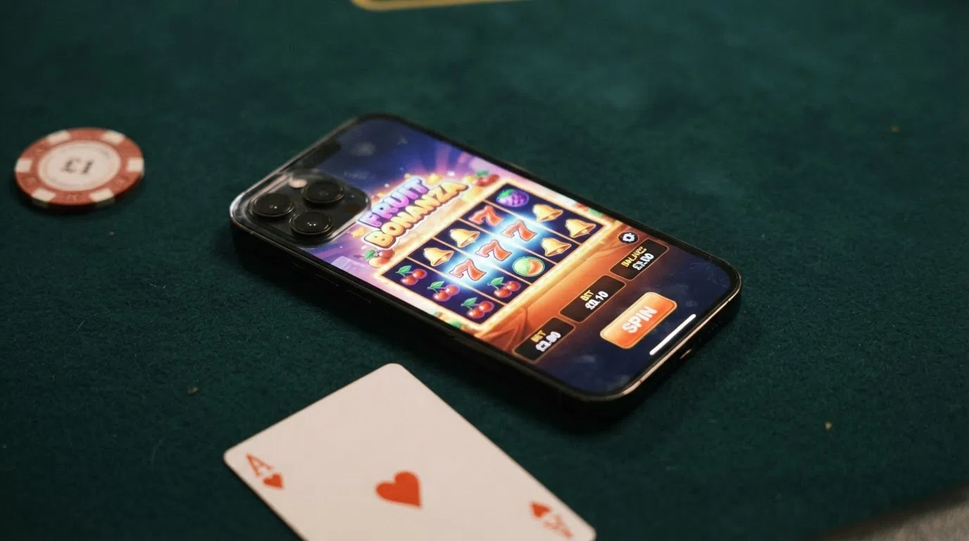 A smartphone displaying a UK online slot game reels with a small balance counter visible in the corner of the screen