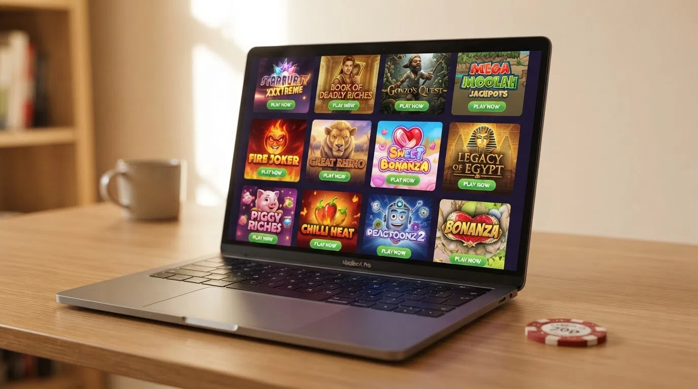 A grid of popular online slot game title cards including Starburst, Book of Dead and Big Bass Splash, arranged as they appear in a casino lobby