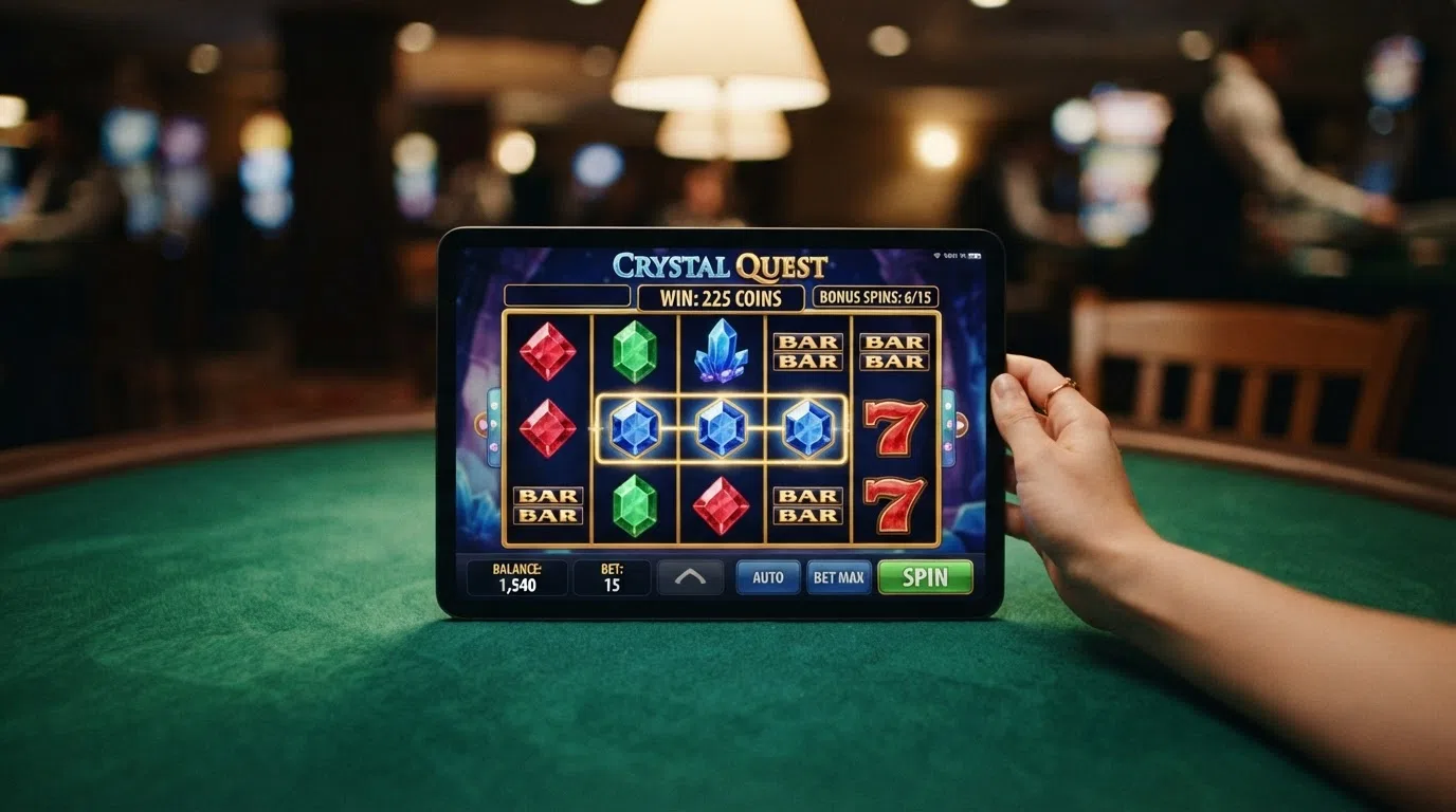 A slot-game reels screen mid-play during a bonus session, showing a modest-win sequence on a five-reel grid