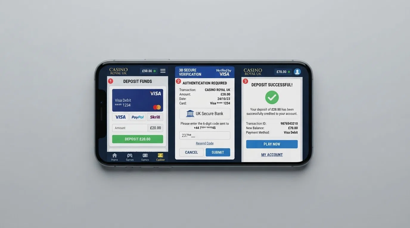 A step-by-step visual of the casino cashier screen: card entry, 3DS authentication prompt on a phone, and a confirmed deposit notification