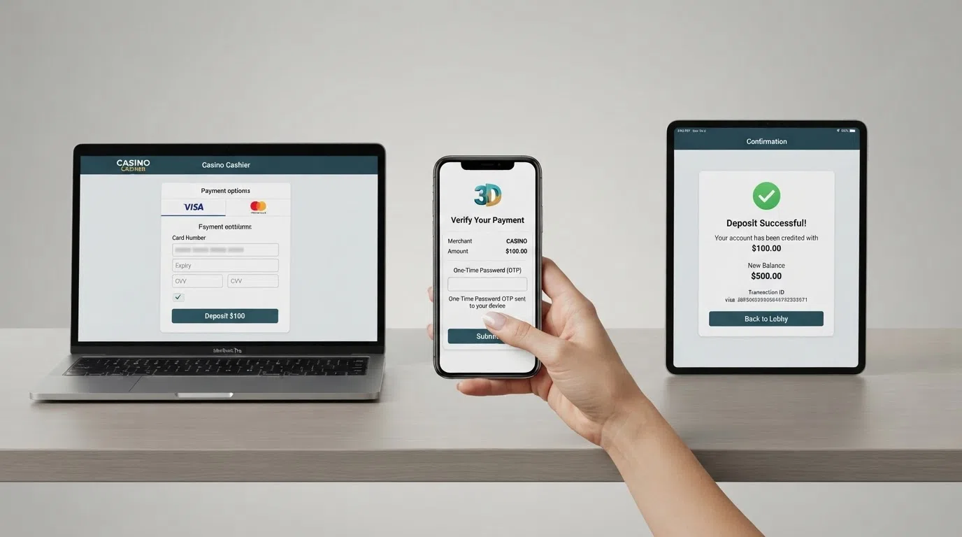 A simplified three-step visual showing the Mastercard deposit journey: card entry on a casino cashier page, a 3D Secure authentication prompt on a mobile screen, and a confirmation screen with the credited balance.