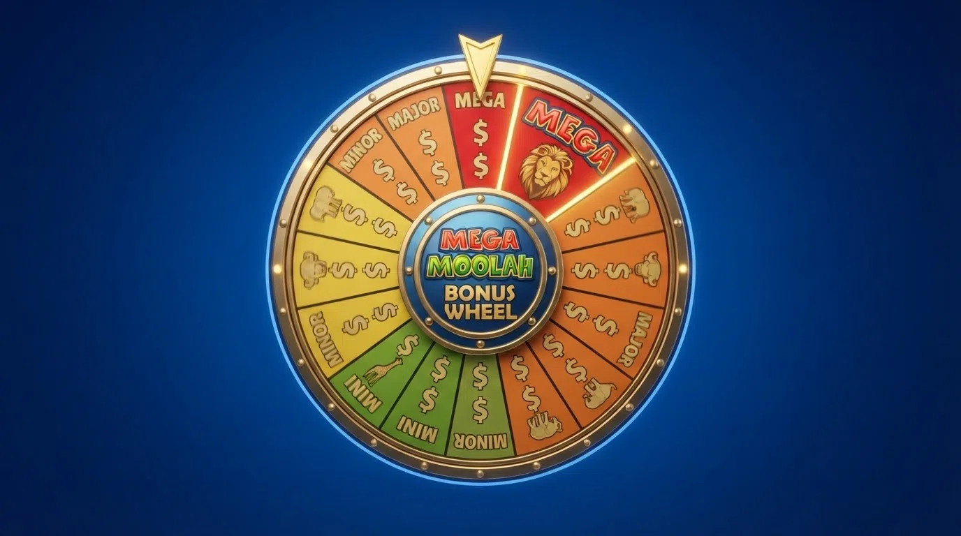 The Mega Moolah bonus wheel on screen showing the four jackpot tiers — Mini, Minor, Major and Mega — with the pointer mid-spin
