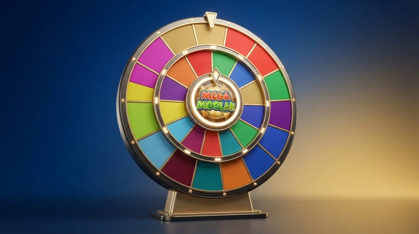 A close-up of the Mega Moolah progressive jackpot wheel with its four tiered prize segments visible