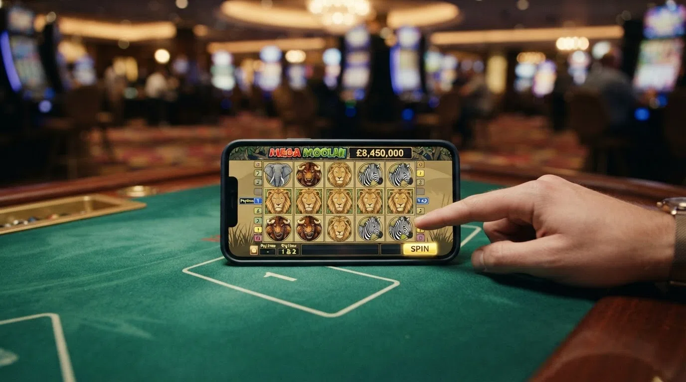 The Mega Moolah slot game screen showing the 5×3 reel grid with the iconic lion symbol and the Mega Jackpot ticker above