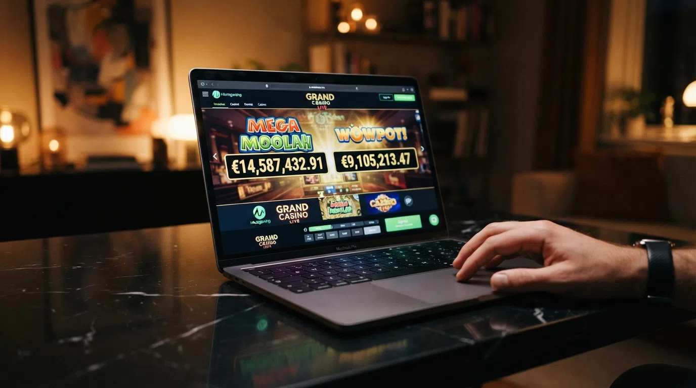 Mega Moolah and WowPot progressive jackpot tickers displaying seven-figure and eight-figure prize totals in GBP, styled as casino lobby jackpot counters