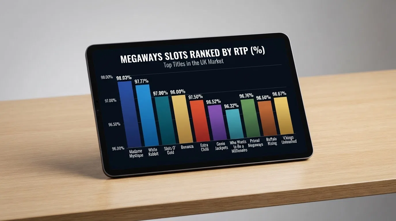 A bar chart ranking Megaways slot titles by RTP from Madame Mystique at 98.03% down to Bonanza at 96%