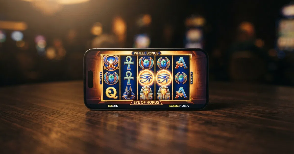 A Merkur Gaming logo beside a screen showing several of its most recognised slot titles including Eye of Horus and Dragon's Treasure on a five-reel grid