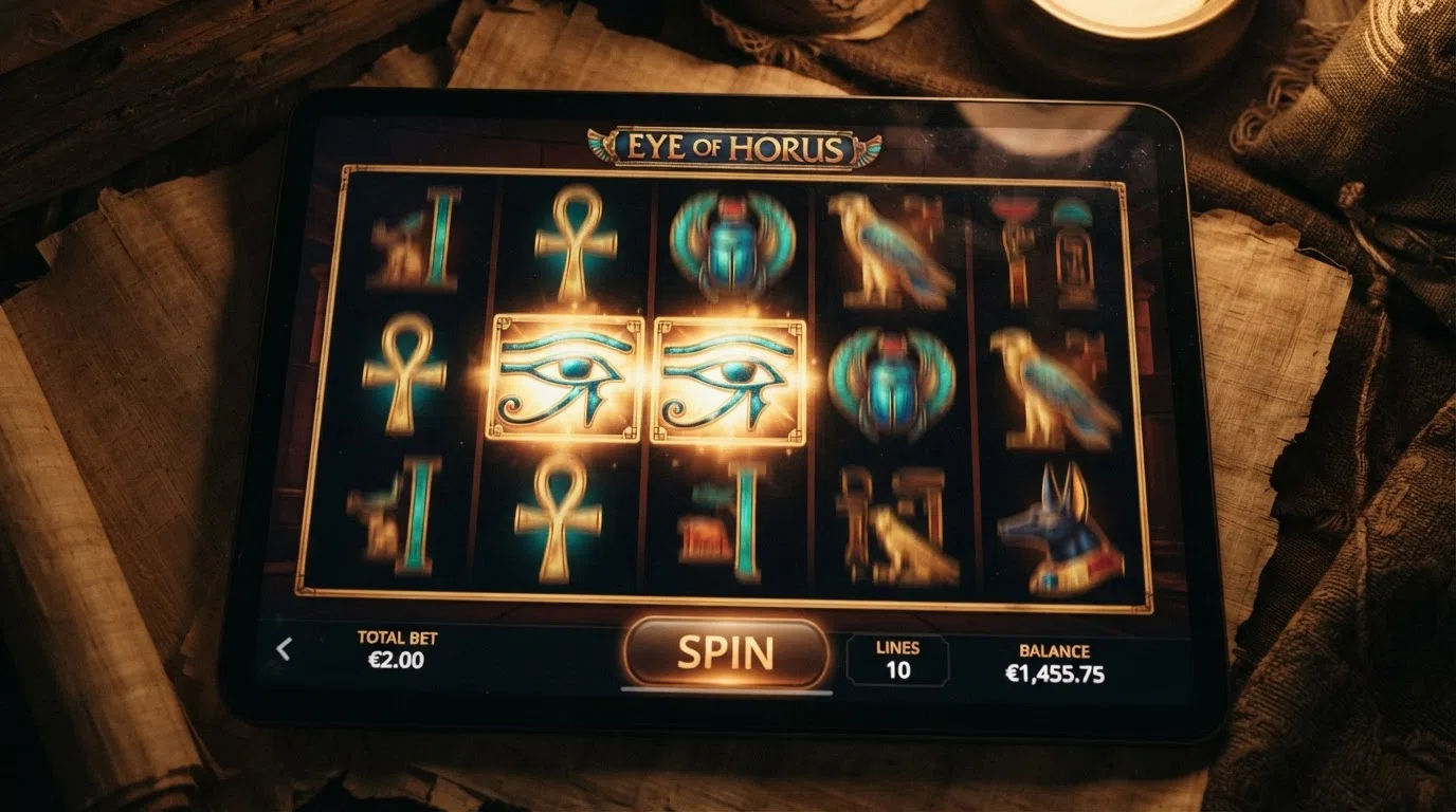 The Eye of Horus slot game reels showing Egyptian-themed symbols including Horus, ankhs and scarabs on a five-reel three-row grid