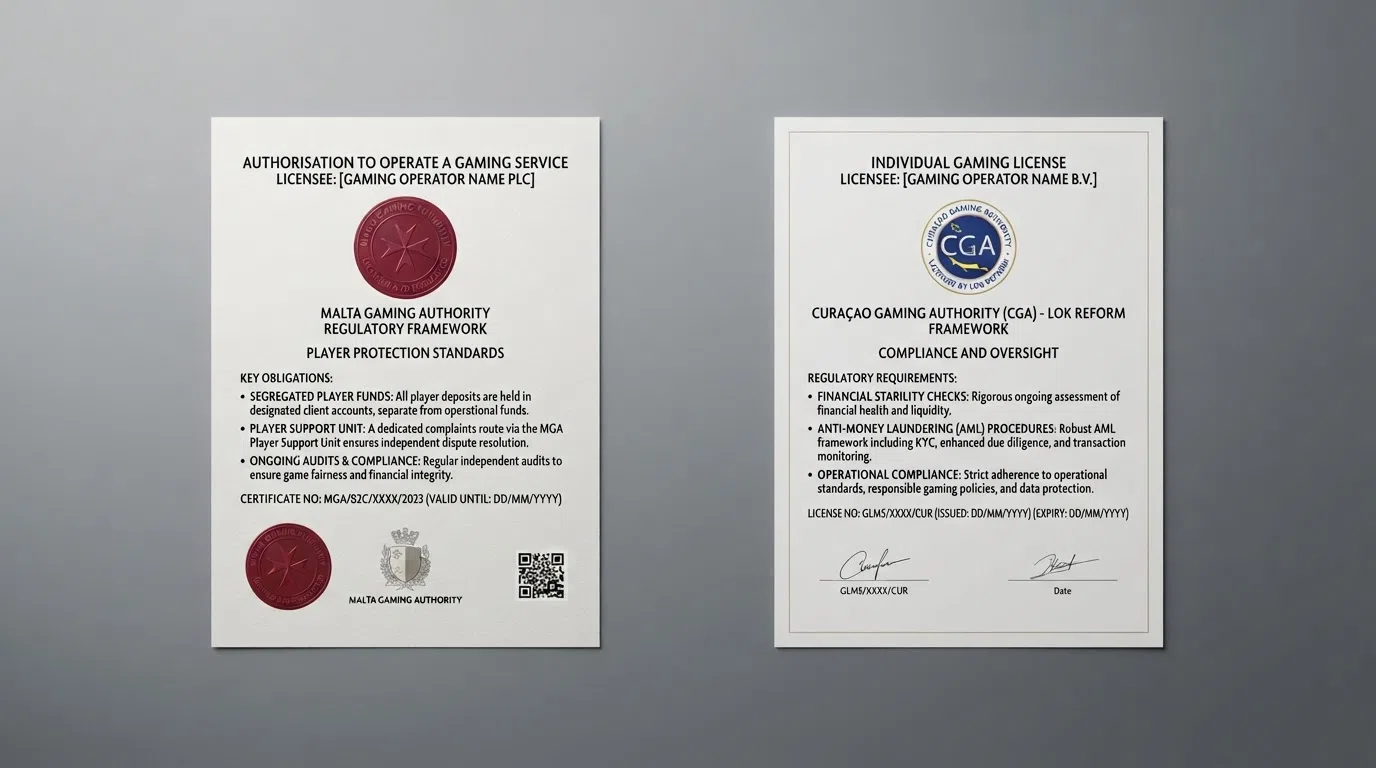 Two licence certificates side by side — one bearing the Malta Gaming Authority seal with its player-protection framework text, the other showing a Curaçao eGaming licence with the newer CGA individual-licence format