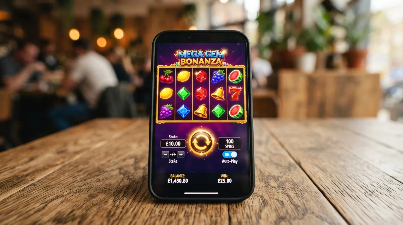 A bright online slot game screen with the spin button highlighted, a stake selector visible at £10, and an auto-play toggle switched on