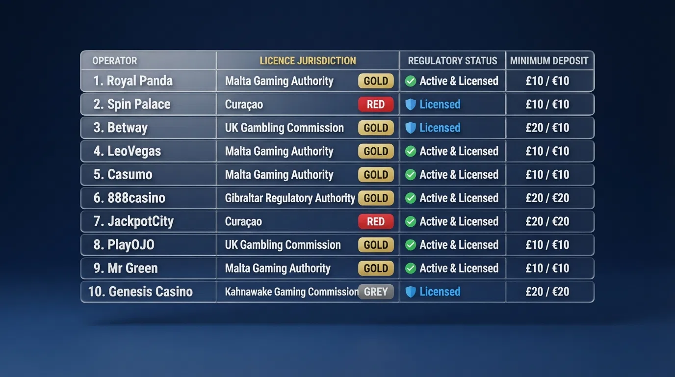 A visual comparison grid showing the licence jurisdictions of the ten featured MiFinity casino operators