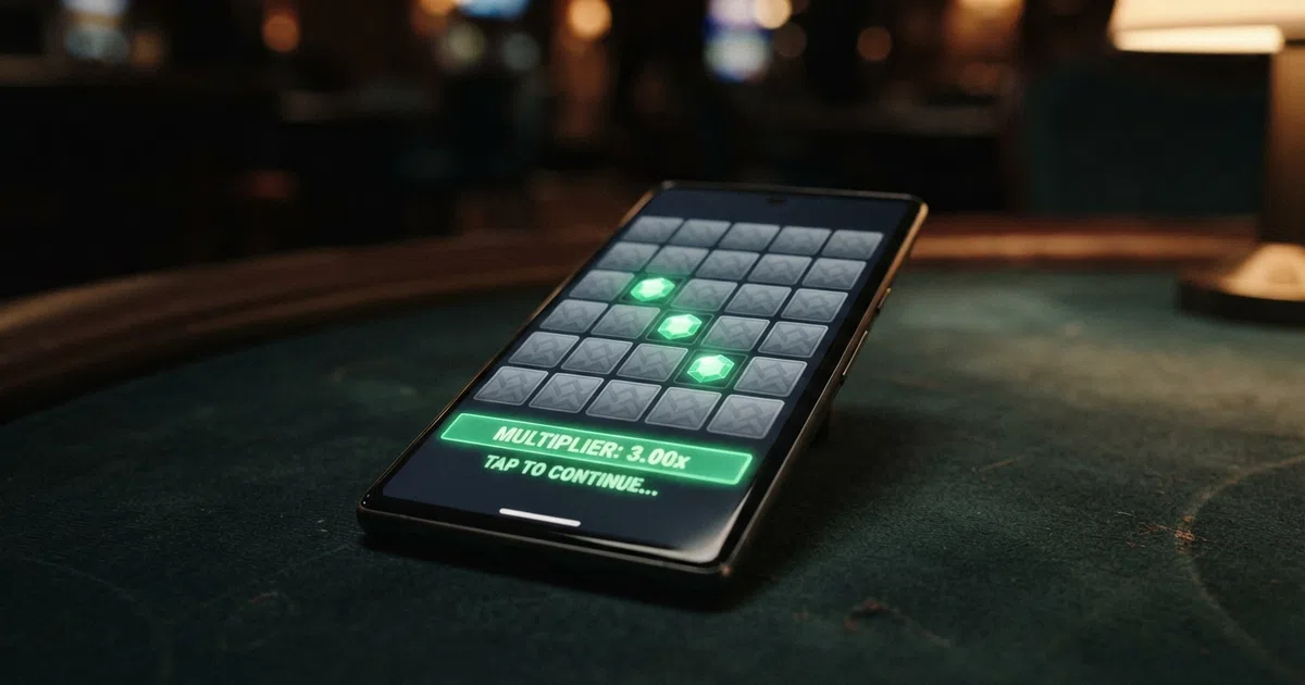 A 5×5 grid of face-down grey tiles on a dark casino screen, with three tiles already turned over to reveal green gems and a rising multiplier displayed above the grid