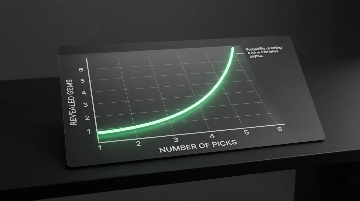 A line chart showing the multiplier rising steeply across six revealed gems on the y-axis against the number of picks on the x-axis, with the curve flattening as probability of hitting a mine overtakes the payout