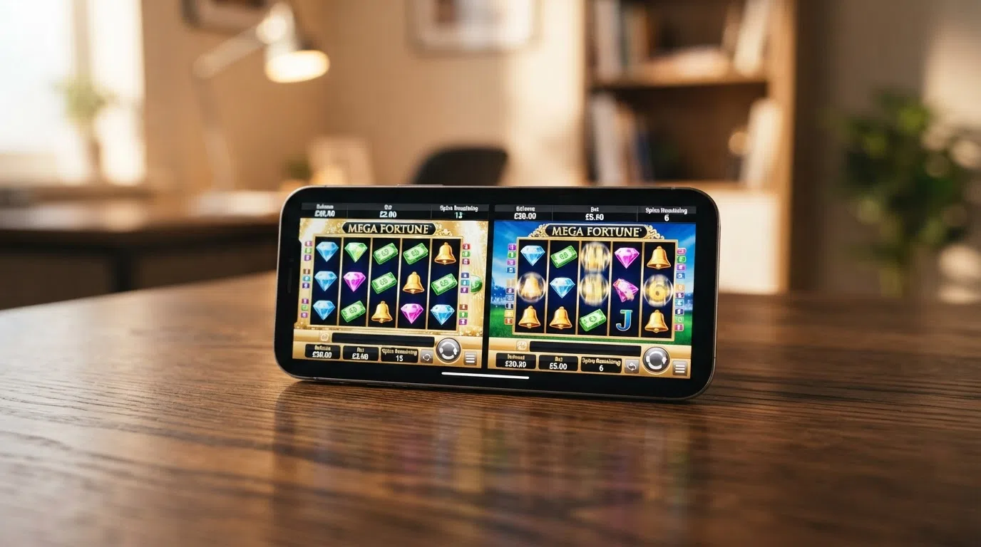 A split-screen comparison: one side showing a slot game with a £30 balance at £2 per spin (15 spins), the other showing the same balance at £5 per spin (6 spins)