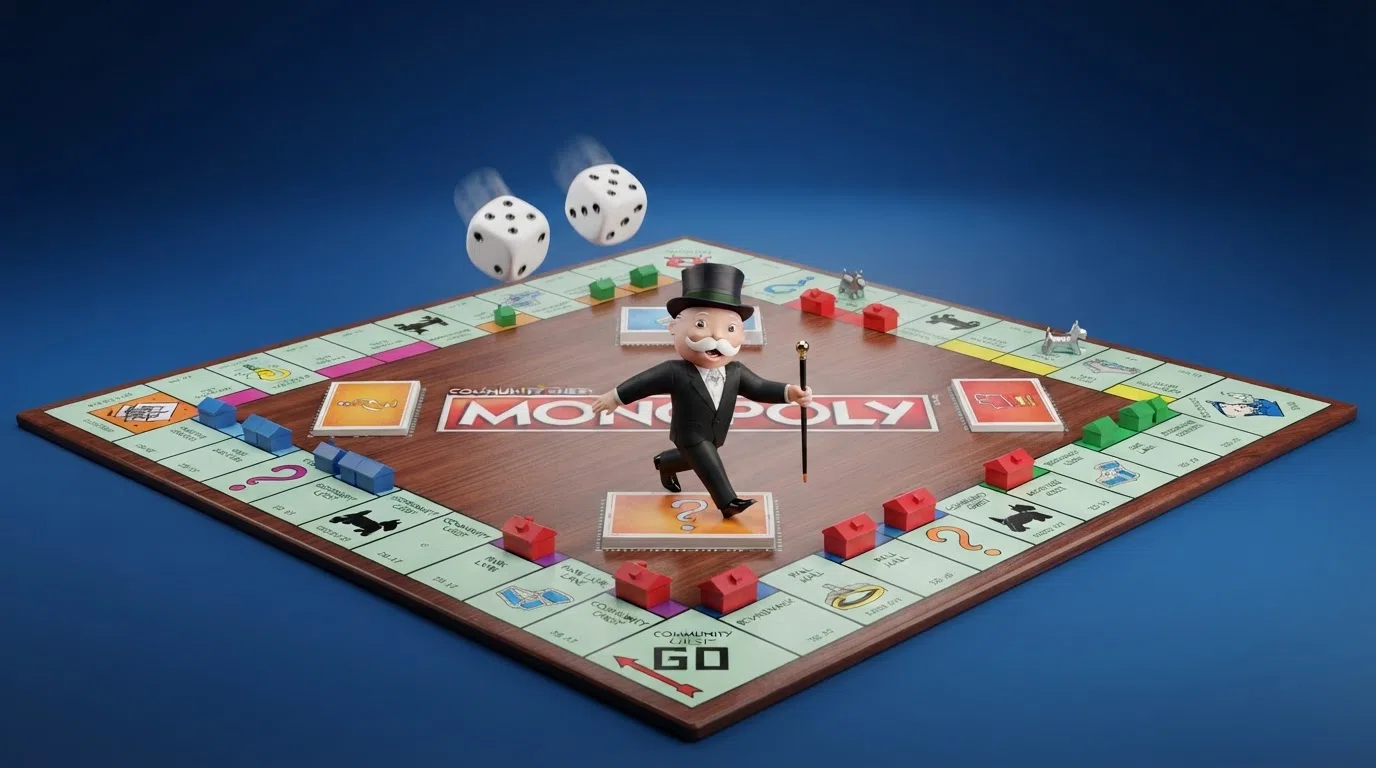 Mr. Monopoly walking across a 3D animated Monopoly board with houses and hotels, dice rolling above the properties, during a bonus round triggered by the live wheel