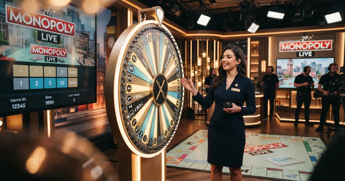 A live dealer stands beside a large vertical money wheel with numbered and bonus segments in a television-style casino studio, with the Monopoly Live betting board visible on screen