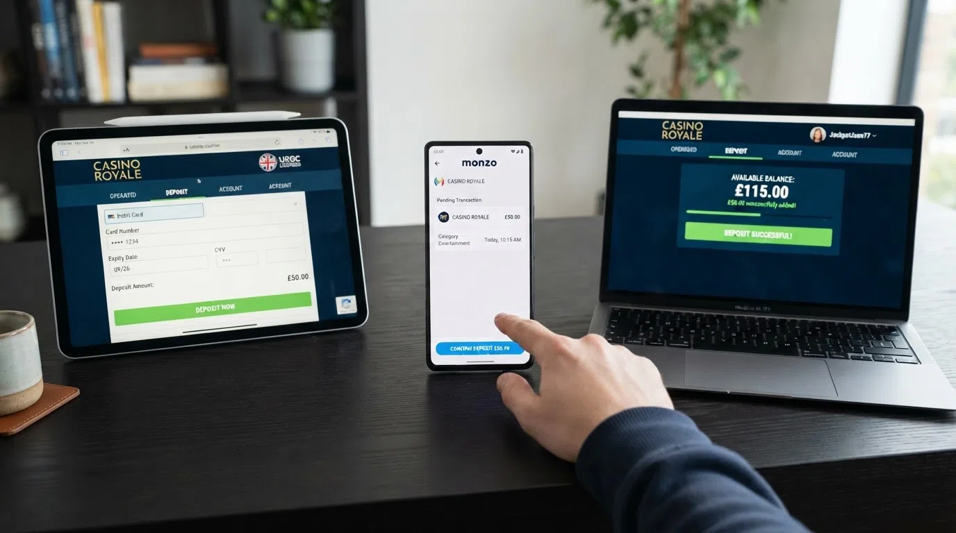 A sequence of three screens: a casino cashier page with “Debit Card” selected, the Monzo app showing a pending transaction in the feed, and a casino balance screen with funds credited