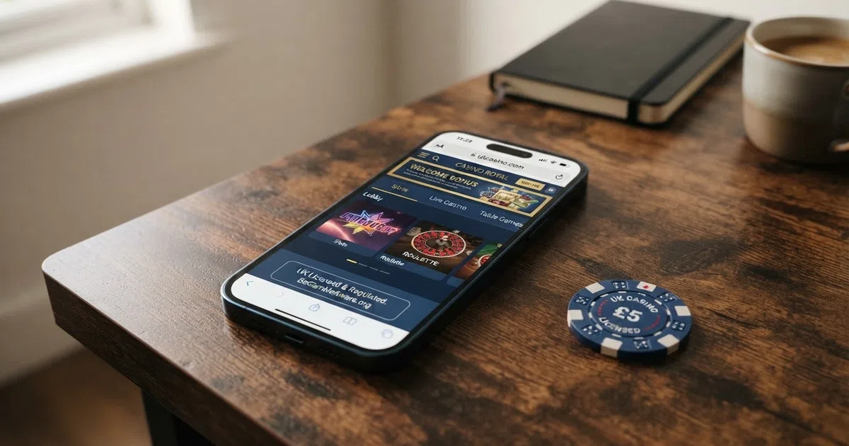 A close-up of a smartphone screen displaying a UK-licensed online casino lobby with a padlock icon visible in the browser address bar