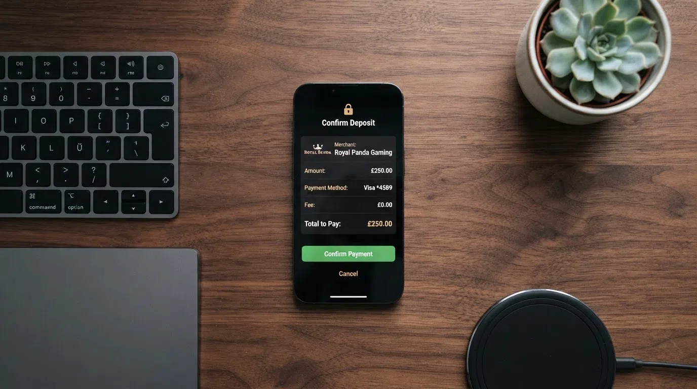 A smartphone screen showing the MuchBetter payment-authorisation screen with a confirmation prompt for a casino deposit transaction