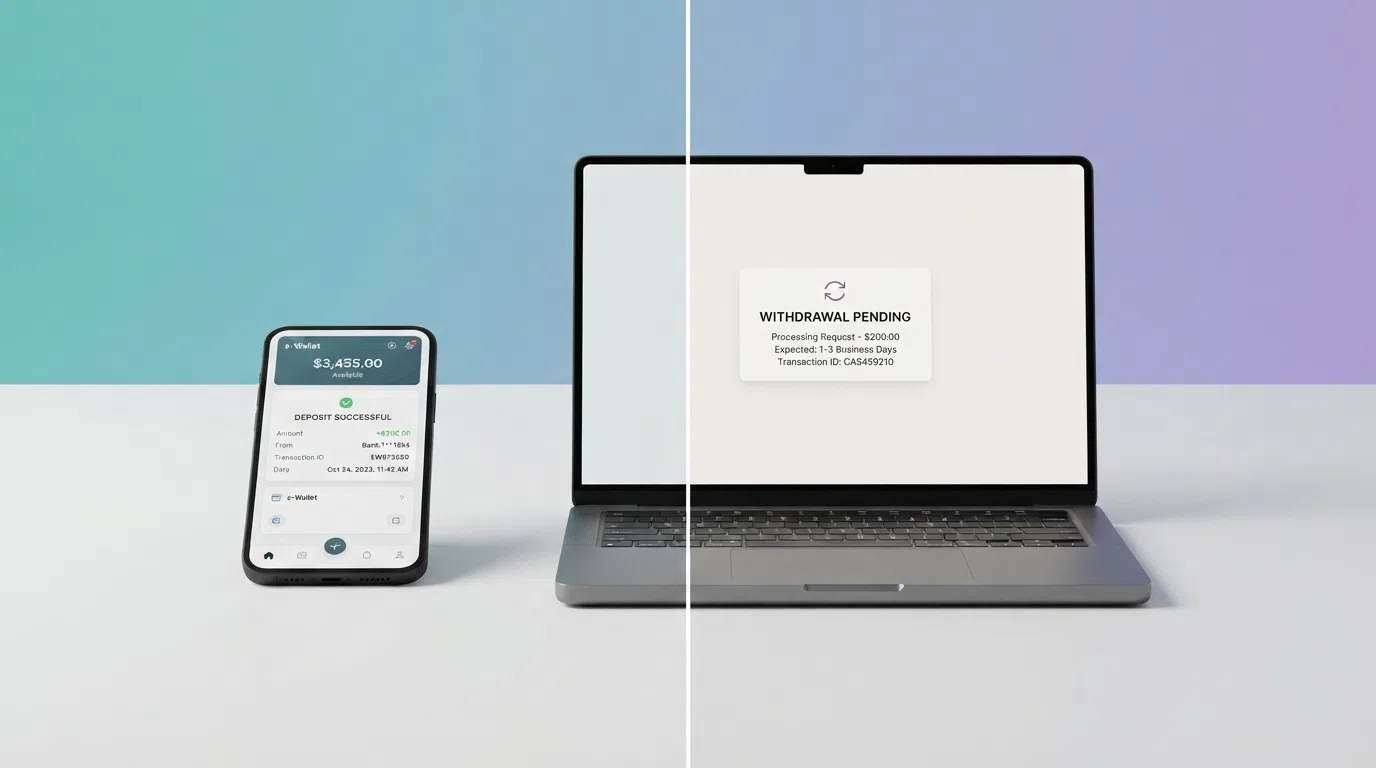 A split-screen illustration: the left side shows a Neteller account balance and a deposit confirmation screen, the right side shows a withdrawal pending notification on a casino cashier page