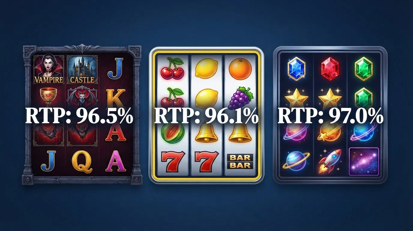 The reels of Blood Suckers, Mega Joker, and Starburst shown in a three-panel comparison with their RTP percentages overlaid